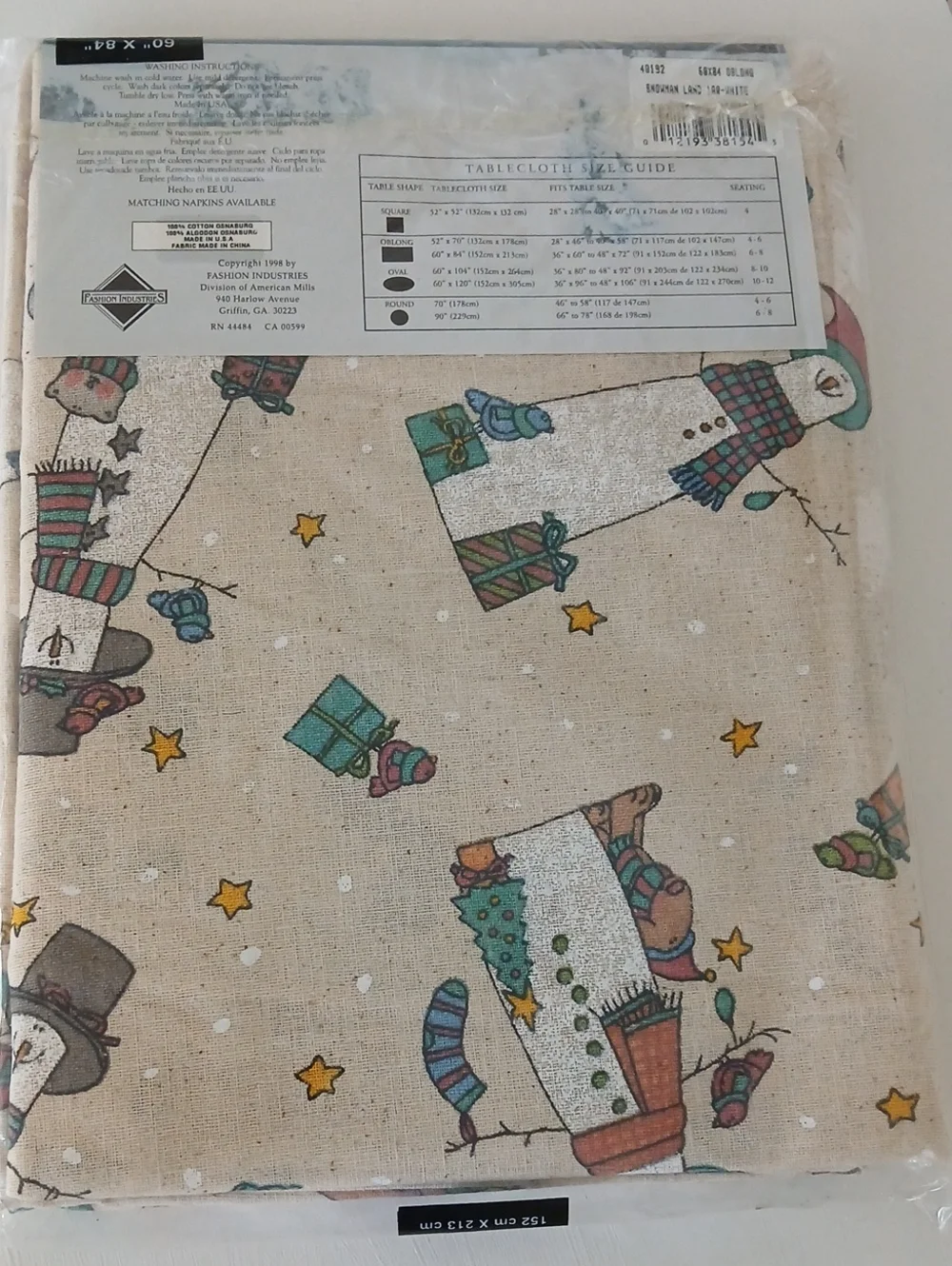 Vintage Holiday SNOWMAN LAND Tablecloth 100% Cotton 60x84